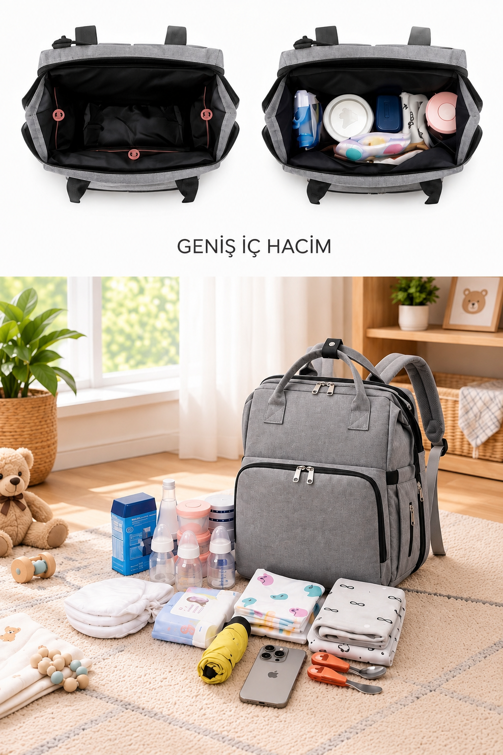 POFİMO Bebek Bakım Çantası — GRİ